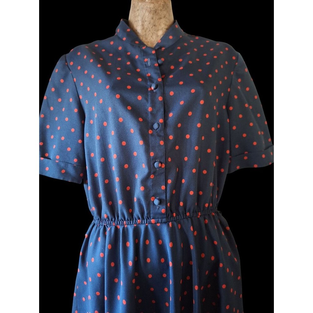 Vtg Navy Blue Dress With Red Polka Dots Button Front Short Sleeves